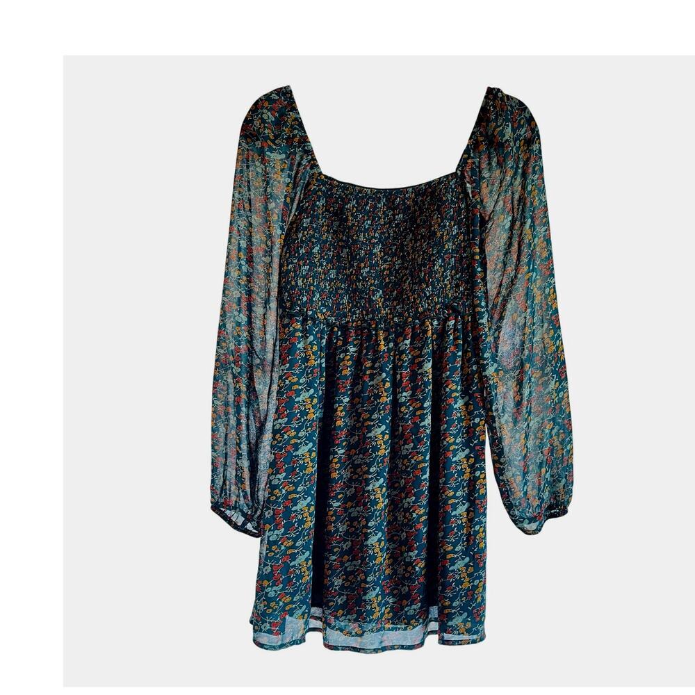 Revamped Babydoll Floral Balloon Sleeve Smocked Mini Dress Women's Small